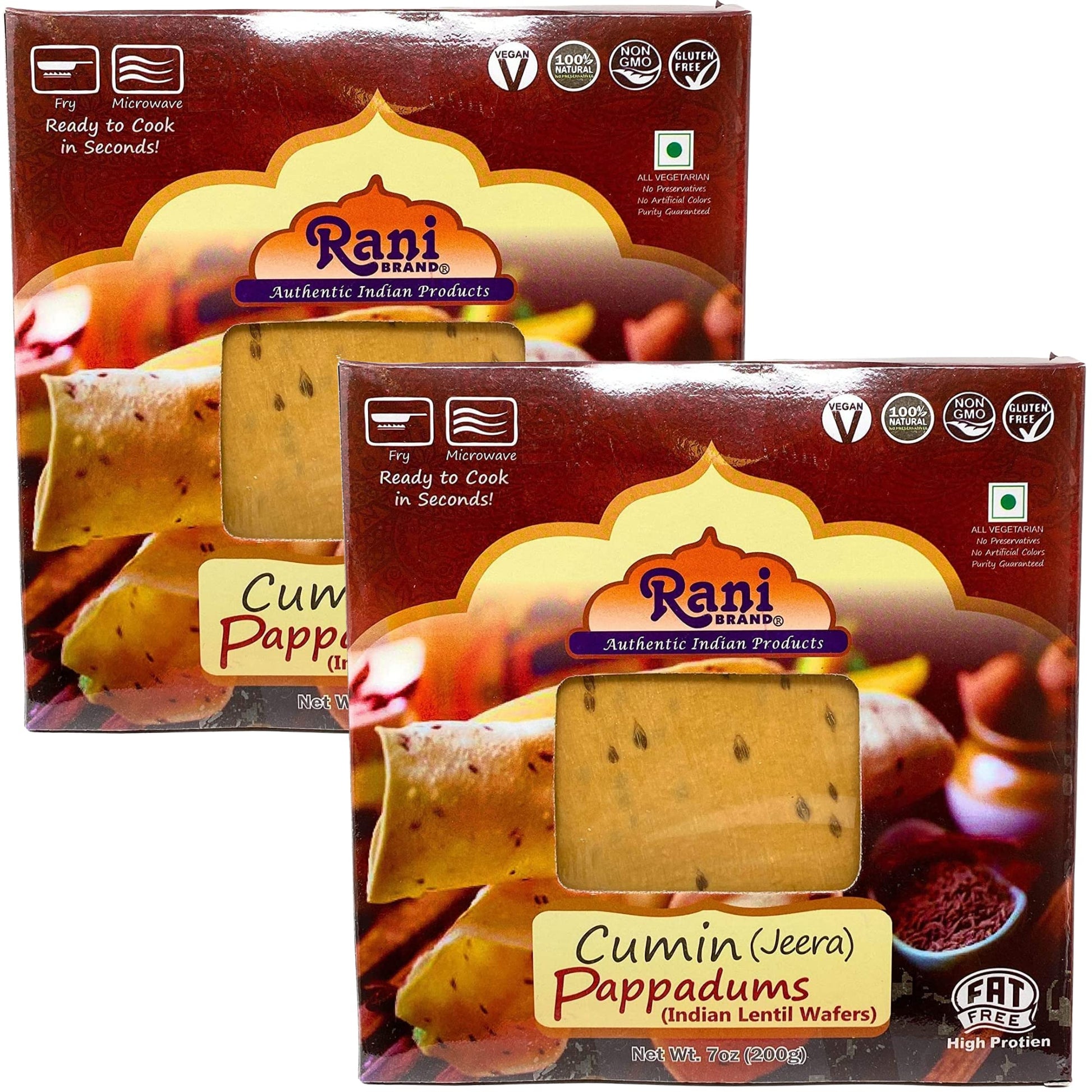 Rani Pappadums (Indian Lentil Wafer Snack) Jeera (Cumin) Papad 7oz (200g) Approximately 15pc, 7 inches, Pack of 2 ~ All Natural 