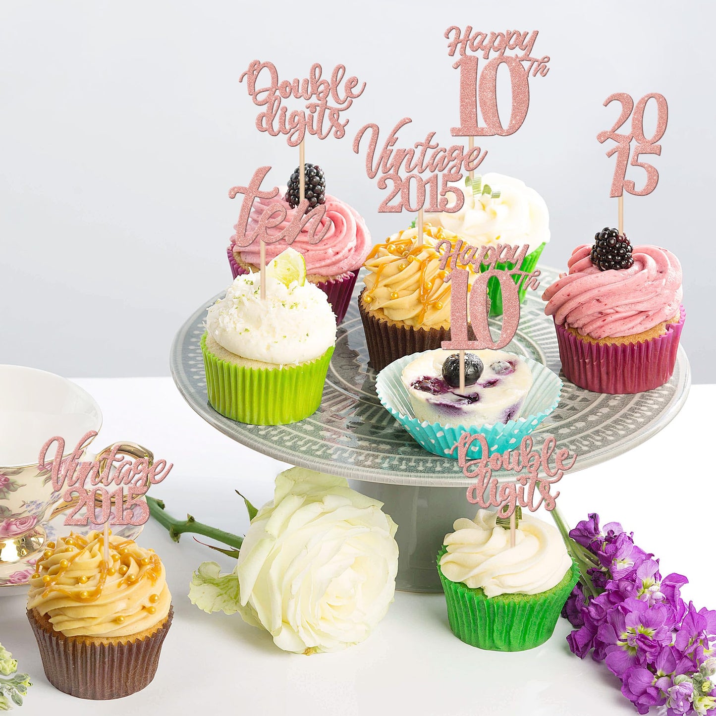 30Pcs Happy 10Th Birthday Cupcake Toppers Cheers To 10 Vintage 2015 Cupcake Picks Hello 10 Ten 10Th Birthday Decorations For 10T