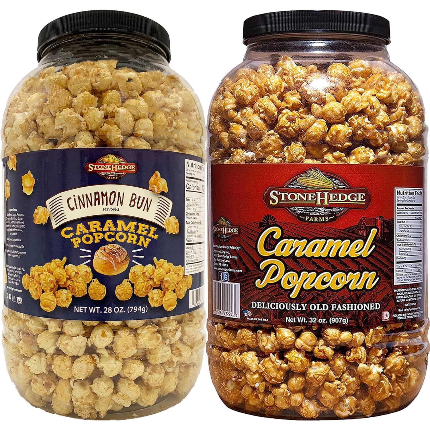 Stonehedge Farms Flavored Popcorn Variety Pack | Caramel & Cinnamon Bun | 30 oz (Pack of 2) | Bulk Popped Carmel Corn | Made in 