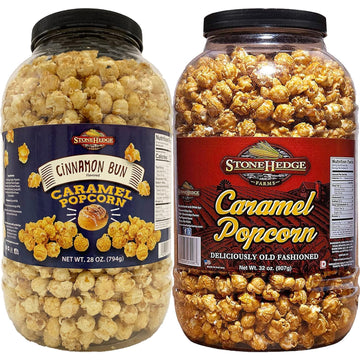 Stonehedge Farms Flavored Popcorn Variety Pack | Caramel & Cinnamon Bun | 30 oz (Pack of 2) | Bulk Popped Carmel Corn | Made in 