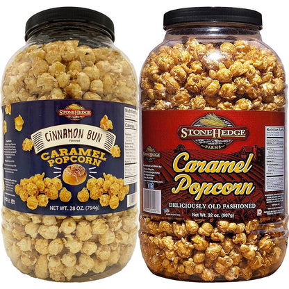 Stonehedge Farms Flavored Popcorn Variety Pack | Caramel & Cinnamon Bun | 30 oz (Pack of 2) | Bulk Popped Carmel Corn | Made in 