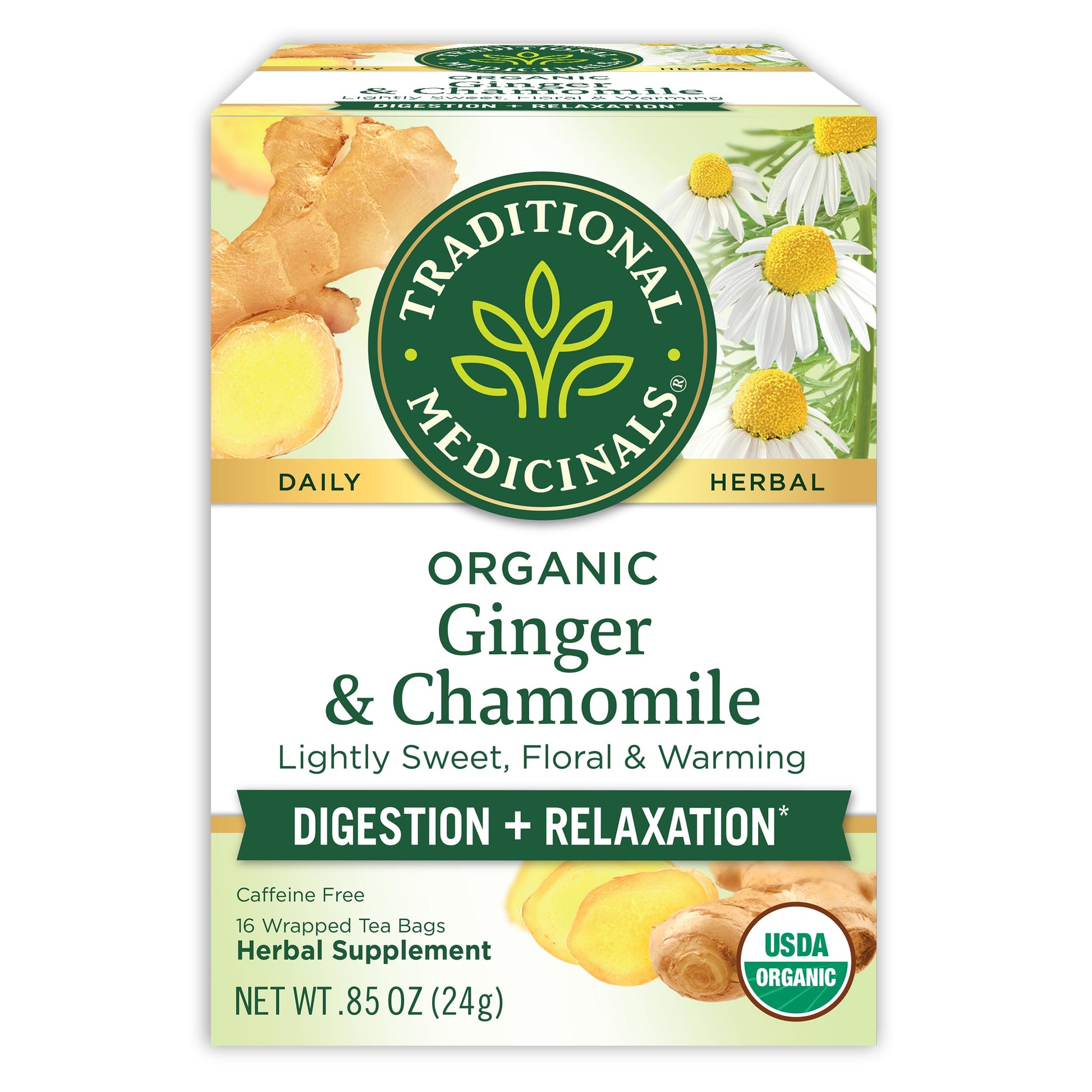 Traditional Medicinals Tea, Organic Ginger & Chamomile, Occasional Nausea & Indigestion Relief, 16 Tea Bags