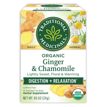 Traditional Medicinals Tea, Organic Ginger & Chamomile, Occasional Nausea & Indigestion Relief, 16 Tea Bags