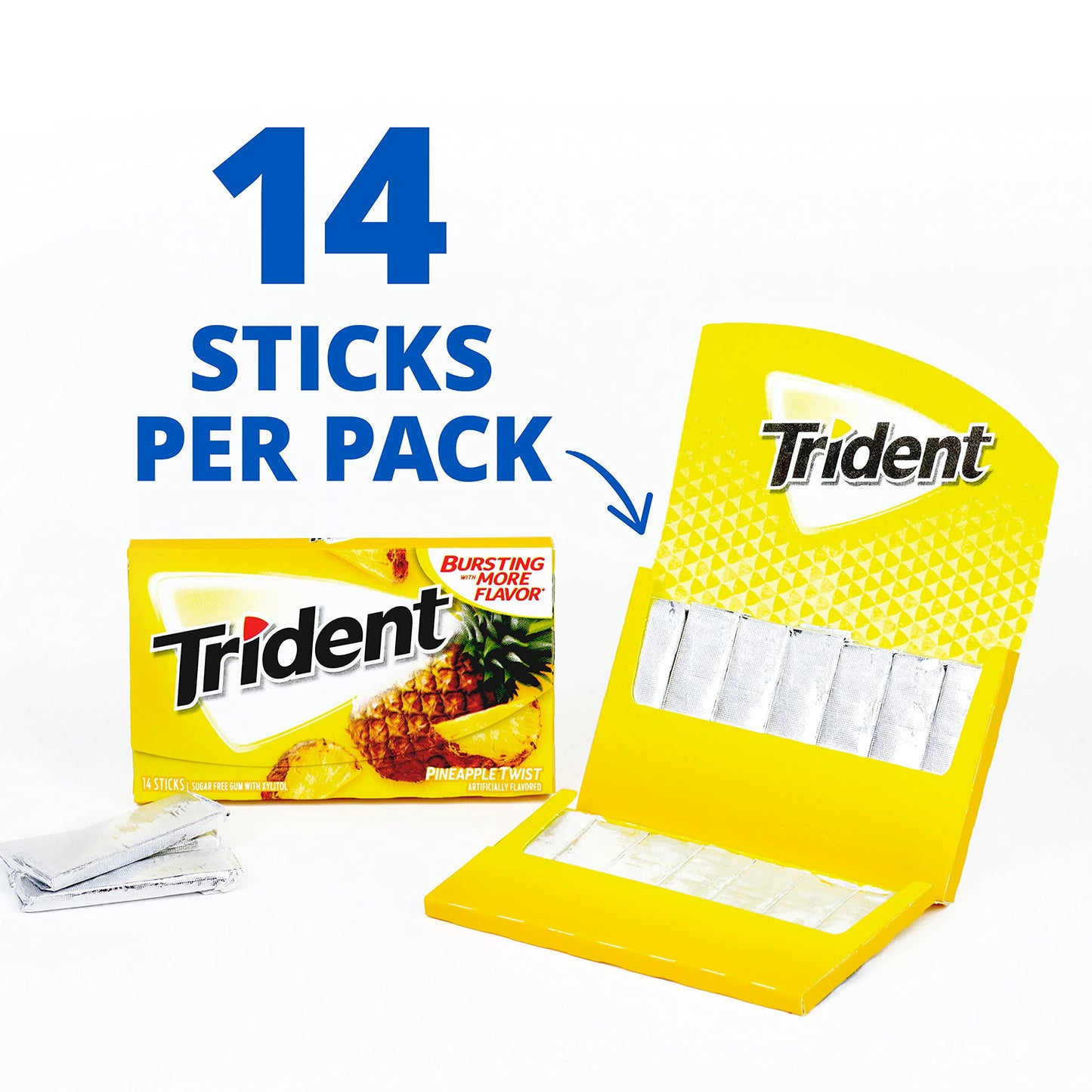 Trident Sugar-Free Chewing Gum, Pineapple Twist, 12 Packs of 14 Pieces, Yellow/Orange