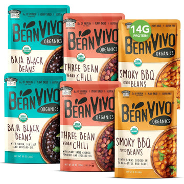 BeanVIVO - Variety 6 Pack (10 oz each) - Organic Baja Black Beans, Three Bean Vegan Chili, BBQ Pinto Beans - Seasoned & Ready to