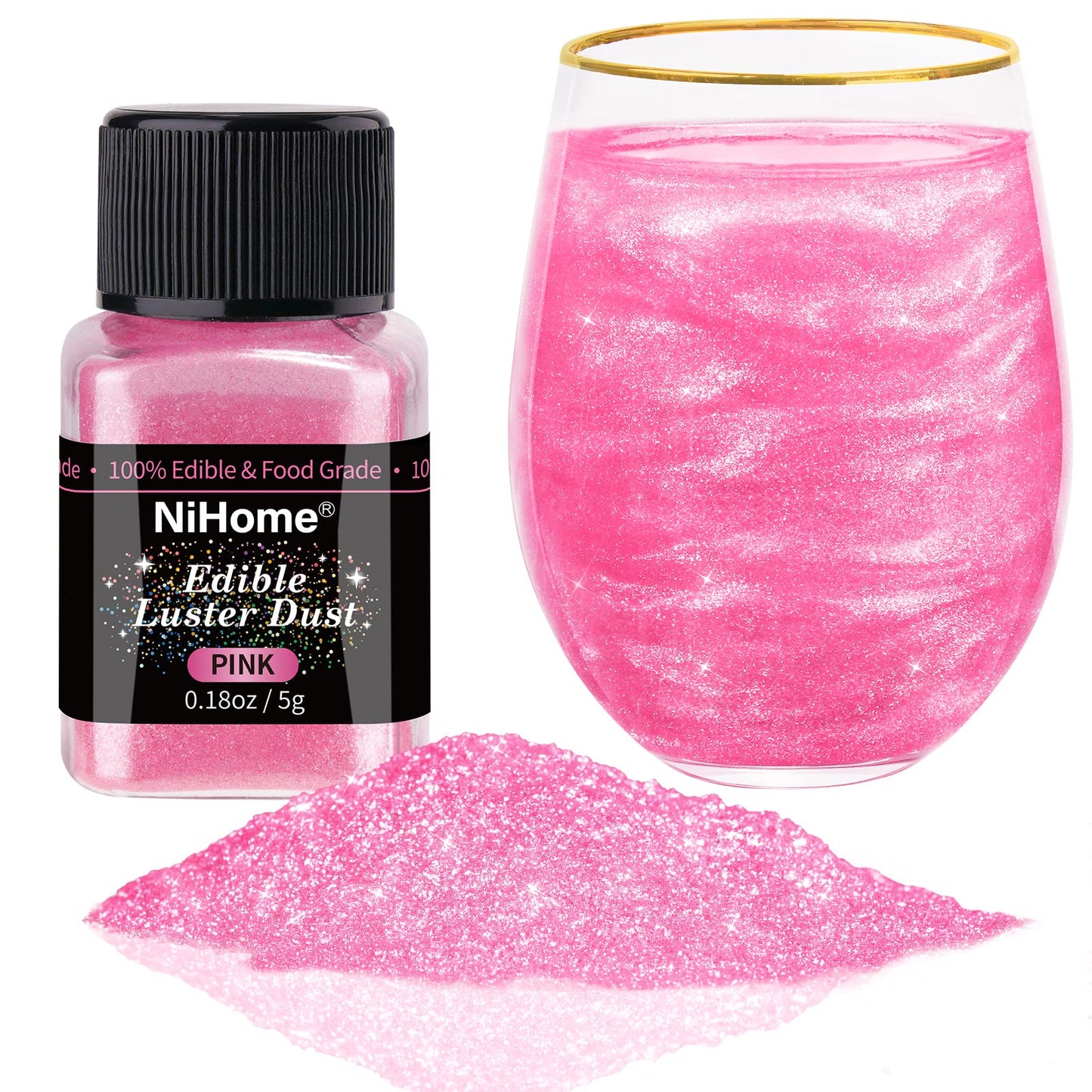 NiHome Edible Food-Grade Glimmer Powder Glitter Luster Dust Metallic Food Decorating Sprinkle Glimmery Dust for Drink Wine Beverage Cake Candy Dessert Bakery Restaurant Vegan (0.18oz/5g  Pink)