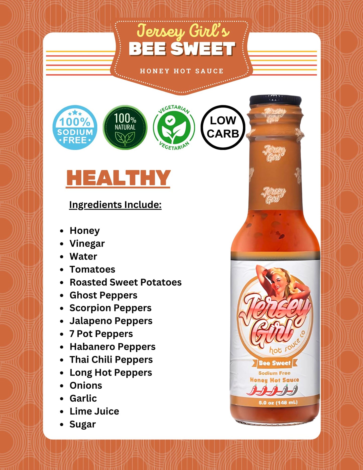 Jersey Girl (Bee Sweet Honey Hot Sauce) Trinidad Scorpion & Ghost Pepper - No Sodium/Salt Free