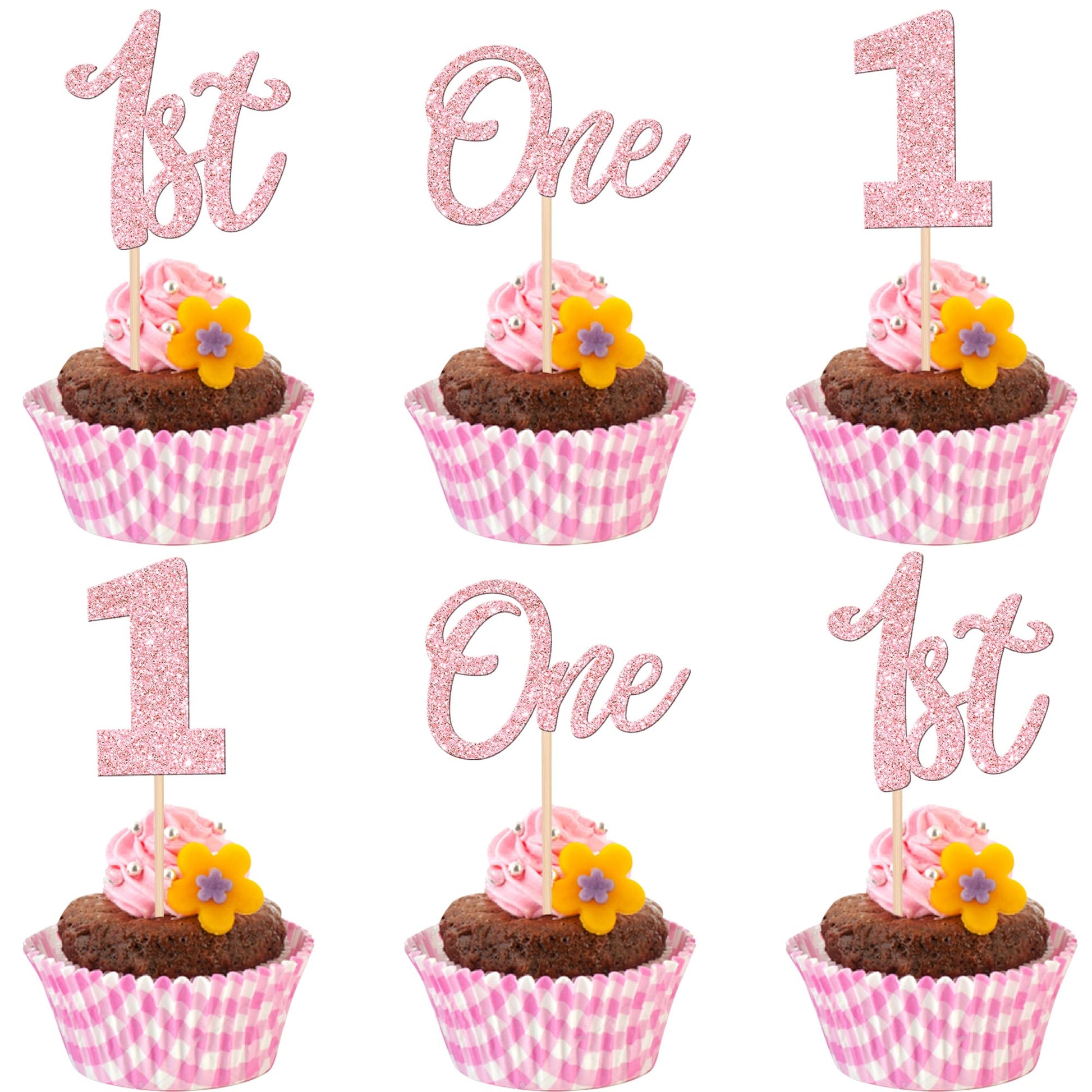 24 PCS One Cupcake Toppers Glitter 1st Birthday Cupcake Picks Number 1 First Birthday One Cake Decorations for Baby Shower Kids 