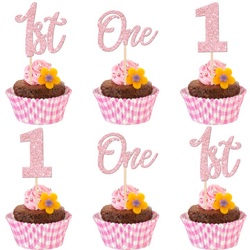 24 PCS One Cupcake Toppers Glitter 1st Birthday Cupcake Picks Number 1 First Birthday One Cake Decorations for Baby Shower Kids 