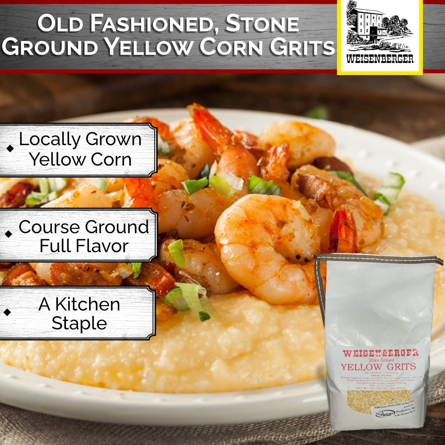 Weisenberger Stone Ground Grits - Yellow, Non-GMO, Coarse Ground, 2 lb (Pack of 2)