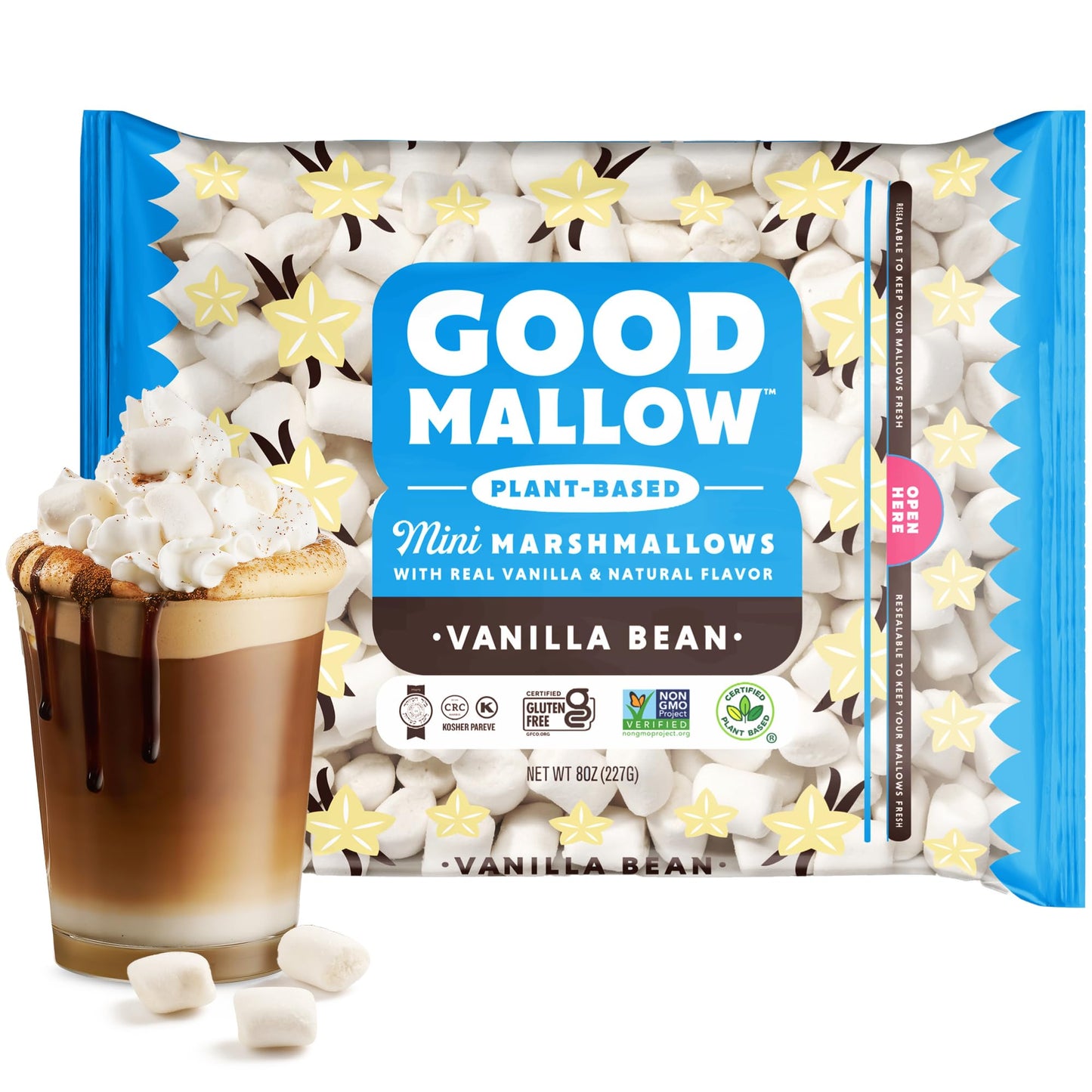 GoodMallow Mini Vegan Marshmallows - Kosher Halal Dairy & Gluten Free Healthy Mini Marshmallows - Natural Gelatin Free for Hot Chocolate  Smores  Campfire  Baking - Non-Artificial