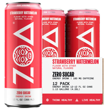 ZOA Zero Sugar Energy Drink - Strawberry Watermelon, 160mg Natural Caffeine, 12 Ounce (Pack of 12)