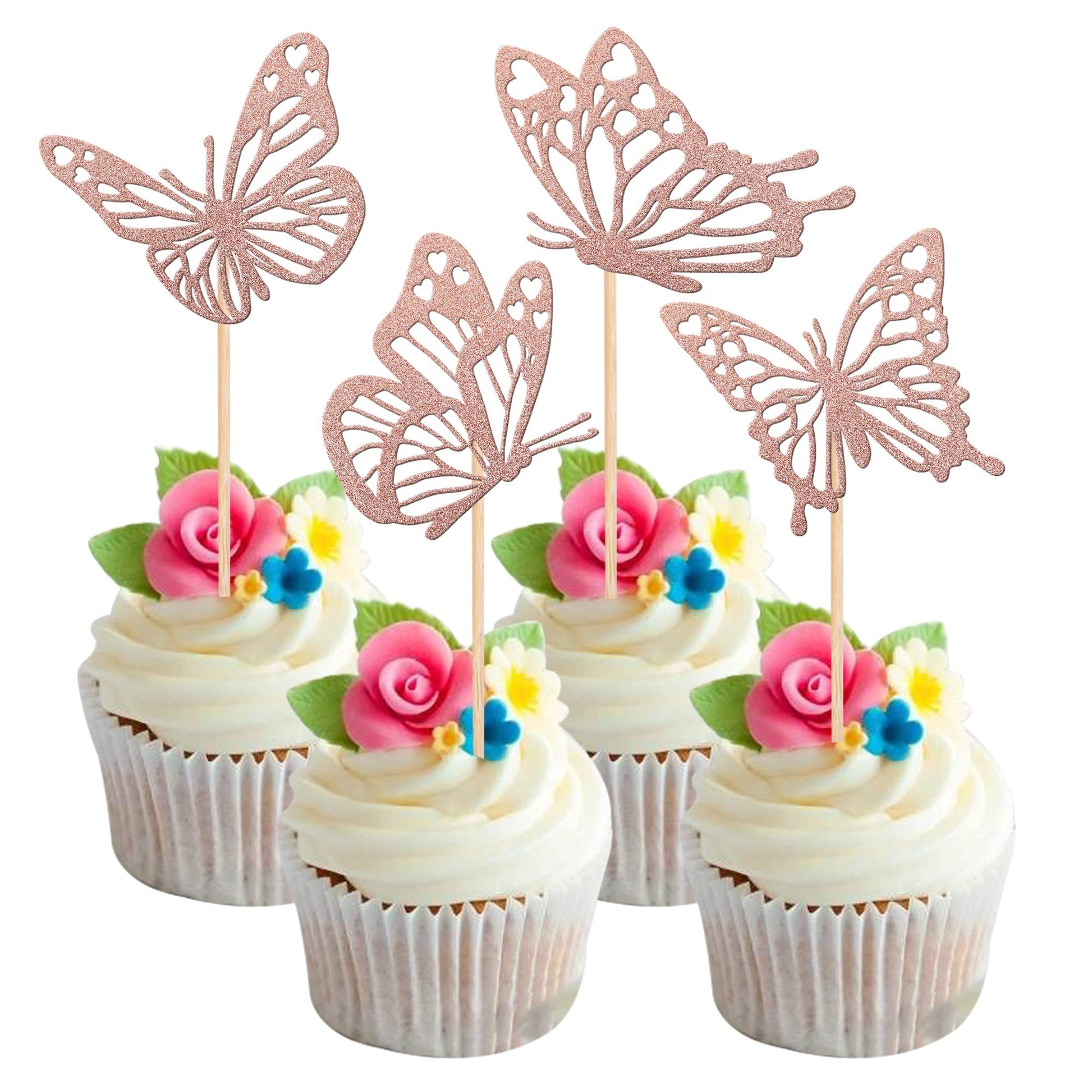 Rsstarxi Butterfly Cupcake Toppers, 24 Pack, Glitter, Paper, Rose Gold, Model XM248