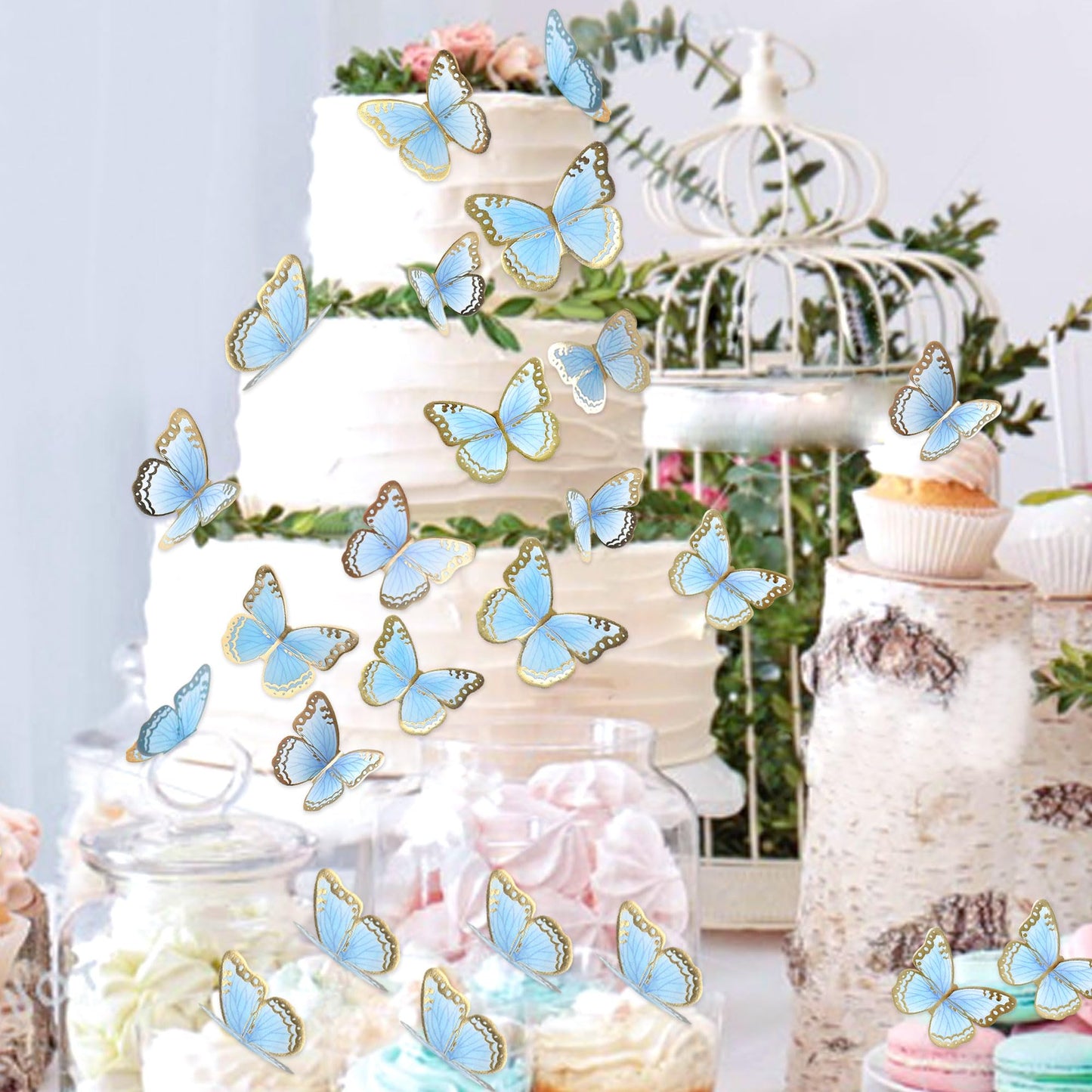 Cyodoos 30Pcs Blue Gold Edge Mixed Size Lively 3D Waterproof Butterfly Cupcake Topper For Girls Women'S Happy Birthday Wedding P