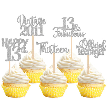 30Pcs Happy 13Th Birthday Cupcake Toppers Glitter Thirteen Vintage 2011 Cupcake Picks Cheers To 13 Fabulous Cake Decorations For