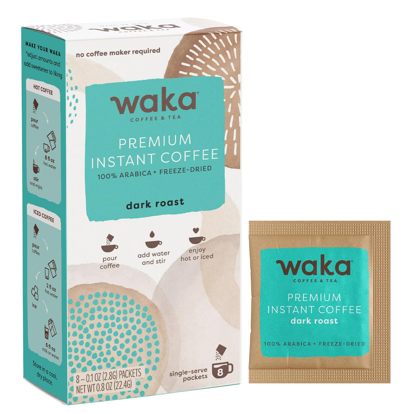 Waka Premium Instant Coffee Sachets - 100% Arabica Freeze Dried Beans - For Hot or Iced Coffee (8 Count, Dark Roast)