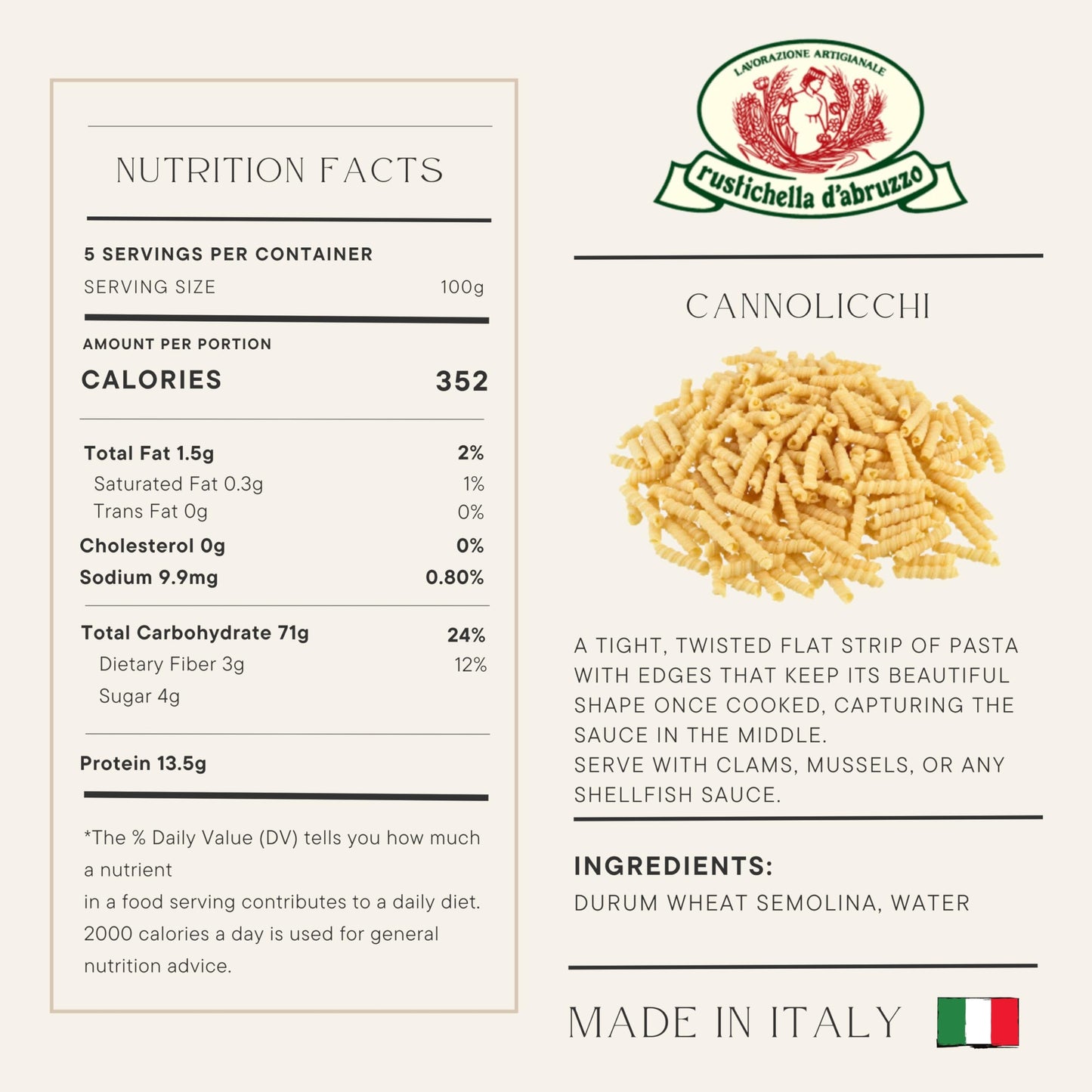 Rustichella D Abruzzo Cannolicchi Durum Wheat Pasta in Tray, 1.1 Pound