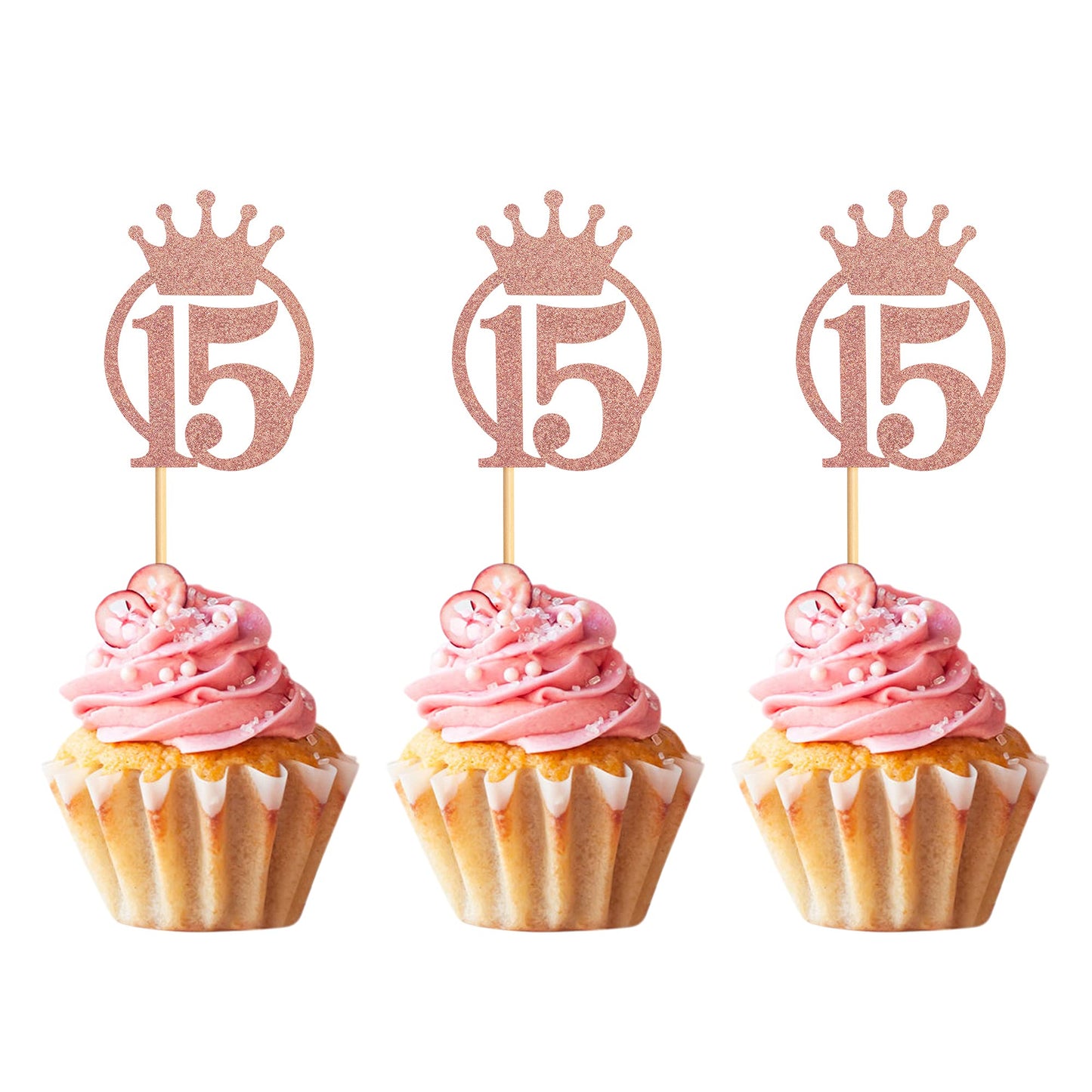 UNIMALL Rose Gold Glitter Cupcake Toppers, Pack of 24, Small Size, Bamboo and Paper Material, 15th Birthday Party Decoration
