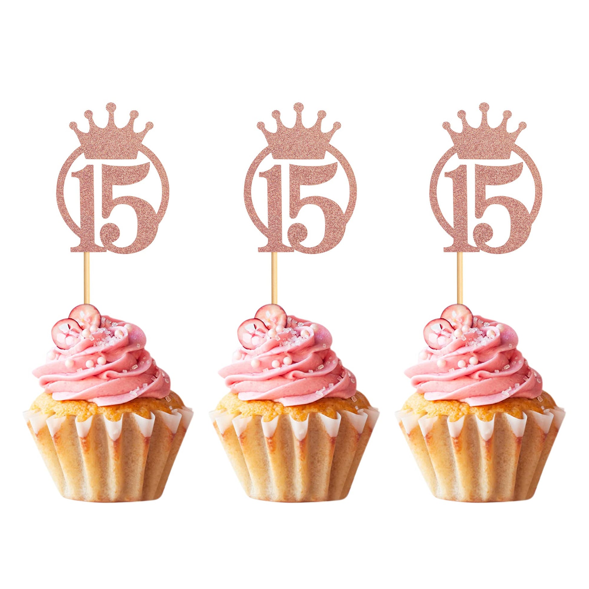 UNIMALL Rose Gold Glitter Cupcake Toppers, Pack of 24, Small Size, Bamboo and Paper Material, 15th Birthday Party Decoration