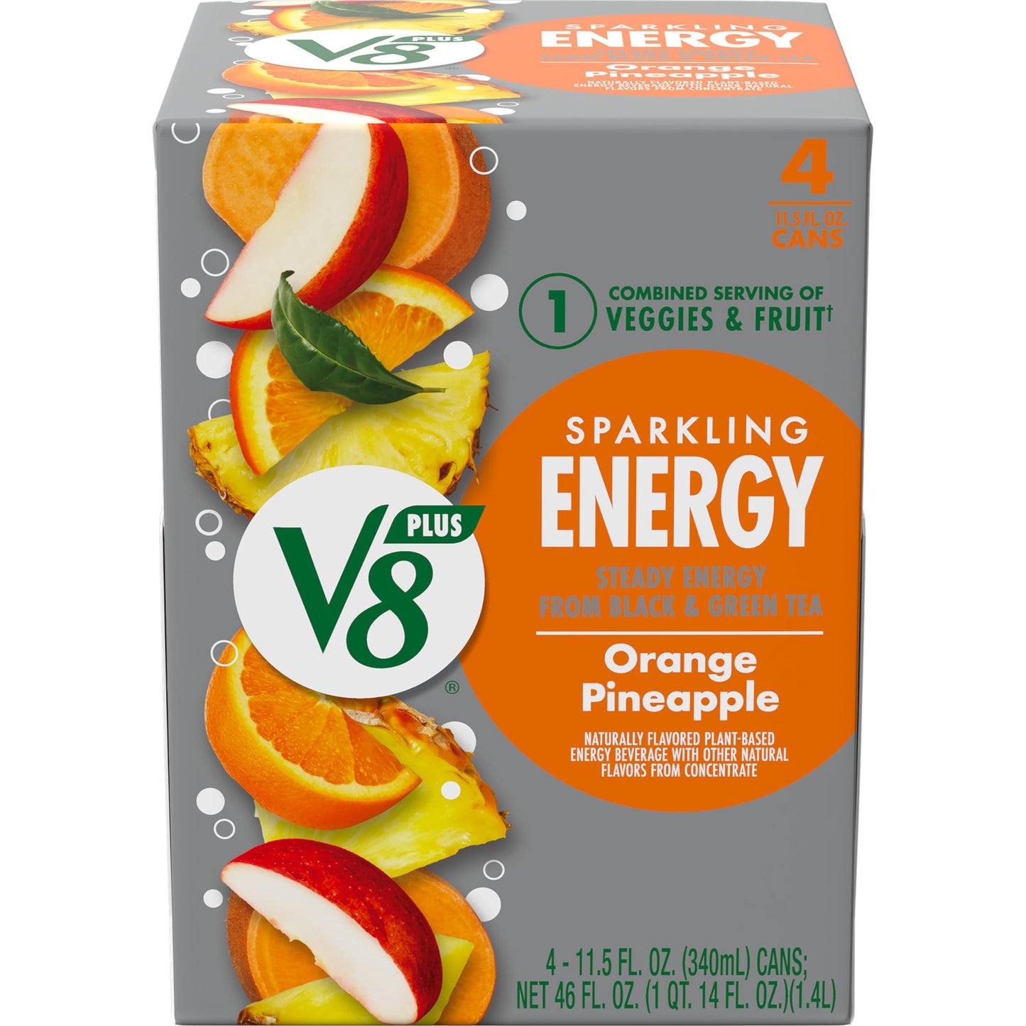 V8 Energy Drink, Sparkling Orange Pineapple, 11.5 fl oz Can, Pack of 4