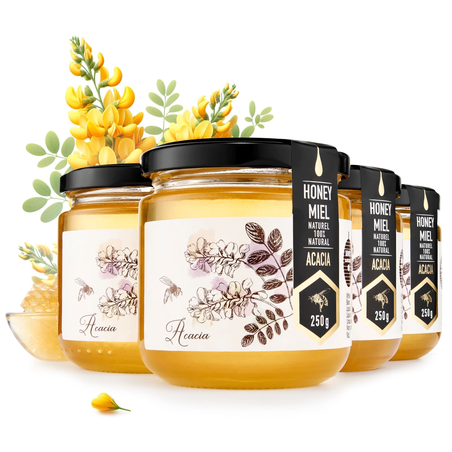 Honigma Raw Honey | Exquisite Taste | 100% Pure | Unpasteurized | Unfiltered | Partially Crystallized | (8.8 Fl Oz (Pack Of 4),