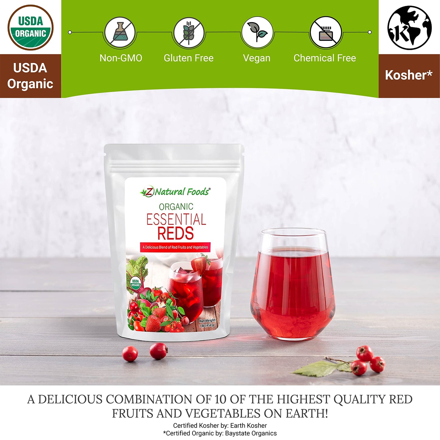 Z Natural Foods Organic Essential Reds, Organic Juice Powder, Super Blend Of 10 Red Fruits And Vegetables, Superfood Smoothie Po