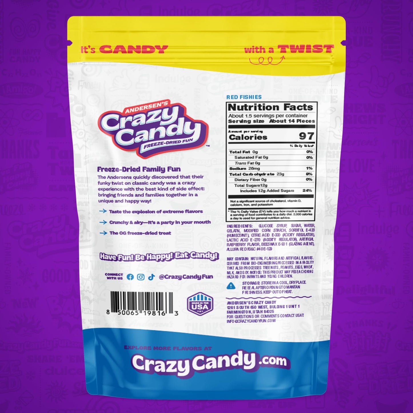 ANDERSENS Crazy Candy Freeze Dried Swedish Fish-Style Candy - Cherry Flavor, Crunchy Texture, Resealable Bag