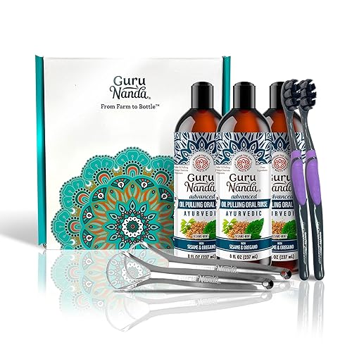 Gurunanda Advanced Formula Oil Pulling With Tongue Scraper - Coconut Oil Natural Mouthwash For Healthy Teeth & Gums With Vitamin