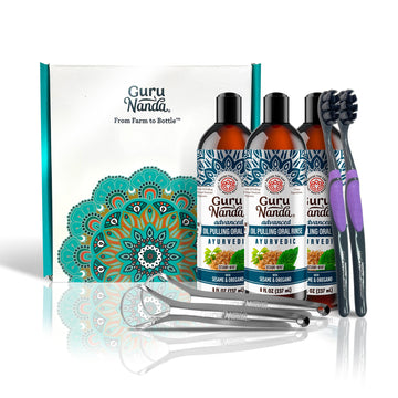 Gurunanda Advanced Formula Oil Pulling With Tongue Scraper - Coconut Oil Natural Mouthwash For Healthy Teeth & Gums With Vitamin