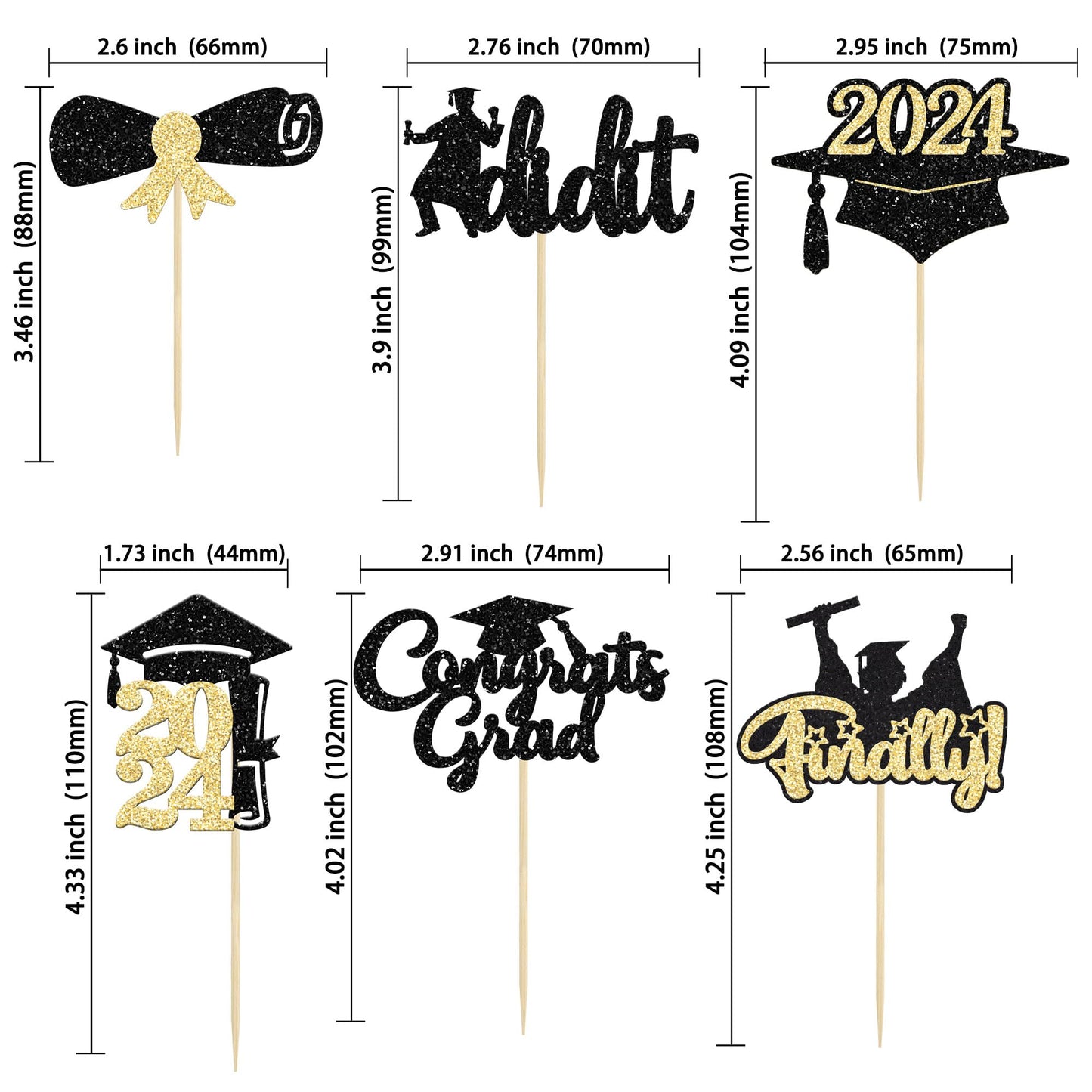 Gyufise 24Pcs Black Gold Glitter 2024 Graduation Theme Cupcake Toppers Glitter Class Of 2024 Diploma Finally I Did It Congrats G