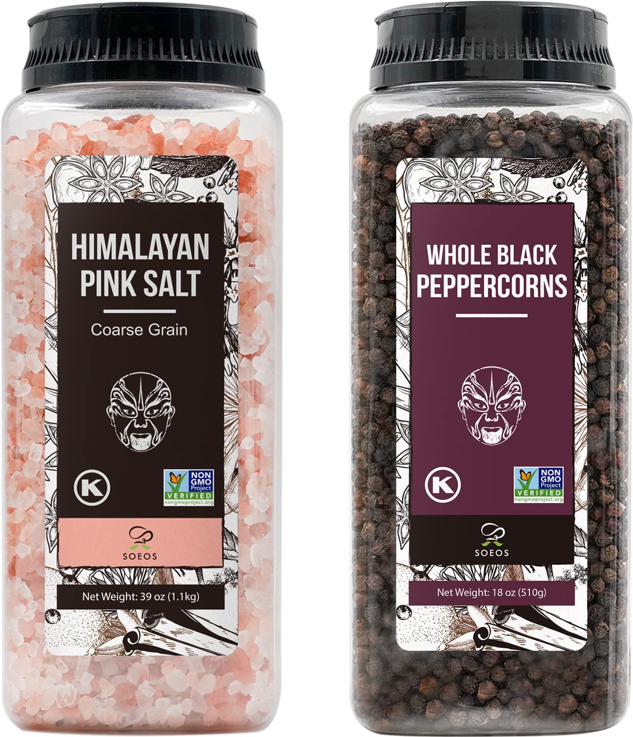 Soeos Himalayan Pink Salt 39 oz + Whole Black Peppercorns 18 oz, Kosher Bulk, Coarse Salt, for Grinder Refill, Peppercorns, Pepp