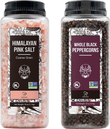 Soeos Himalayan Pink Salt 39 oz + Whole Black Peppercorns 18 oz, Kosher Bulk, Coarse Salt, for Grinder Refill, Peppercorns, Pepp