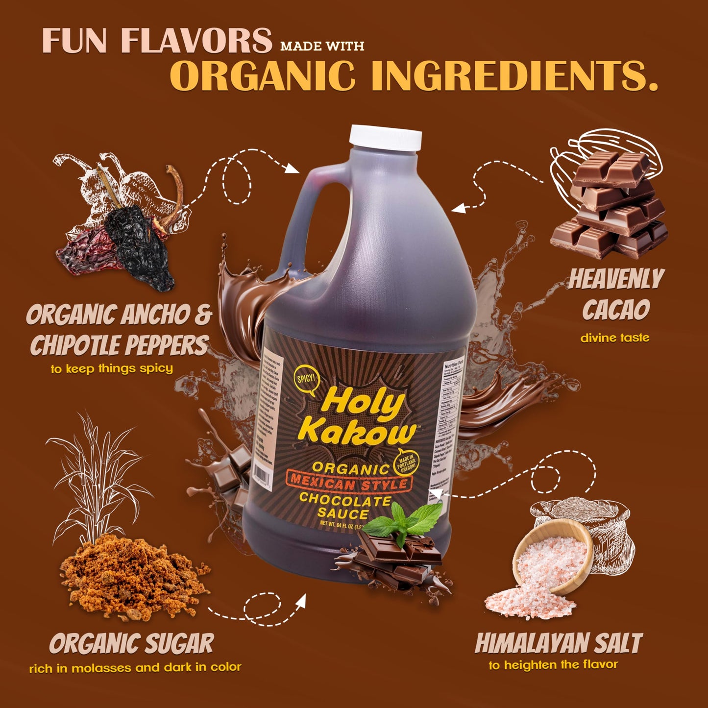 Holy Kakow Organic Chocolate Syrup - Mexican Style, Chocolate Syrup, Chocolate Sauce, Organic Chocolate Sauce, Add To Mochas, Waffles, & Ice Cream, Real Food Ingredients, Specific Flavor - 64Oz