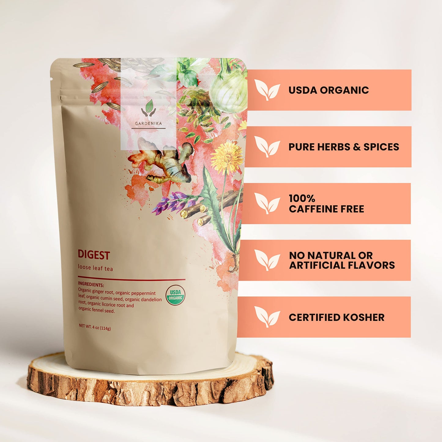 Gardenika Organic Digestive Loose Leaf Tea, Herbal Blend with Dandelion, Ginger, Peppermint, Licorice - 4 oz, Caffeine-Free