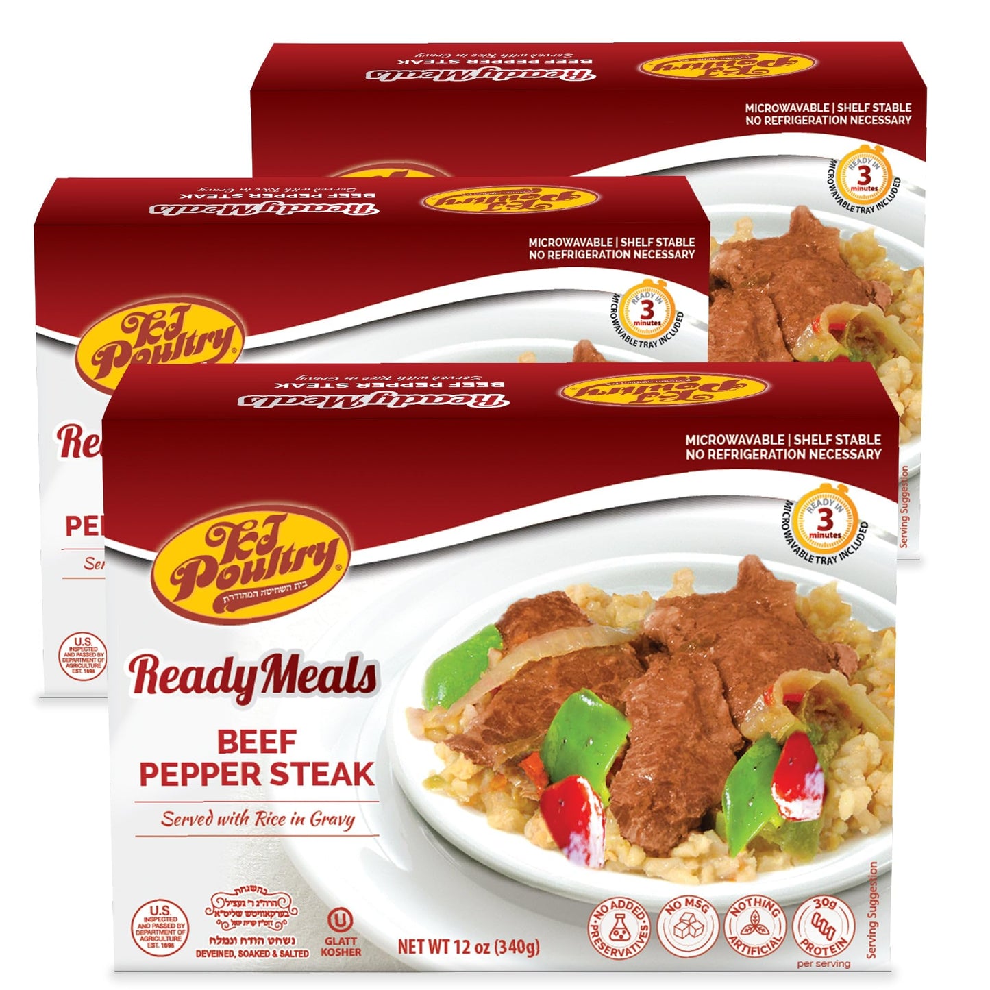 Kosher Beef Pepper Steak & Rice, Mre Meat Meals Ready To Eat (3 Pack) Prepared Entree Fully Cooked, Shelf Stable Microwave Dinne