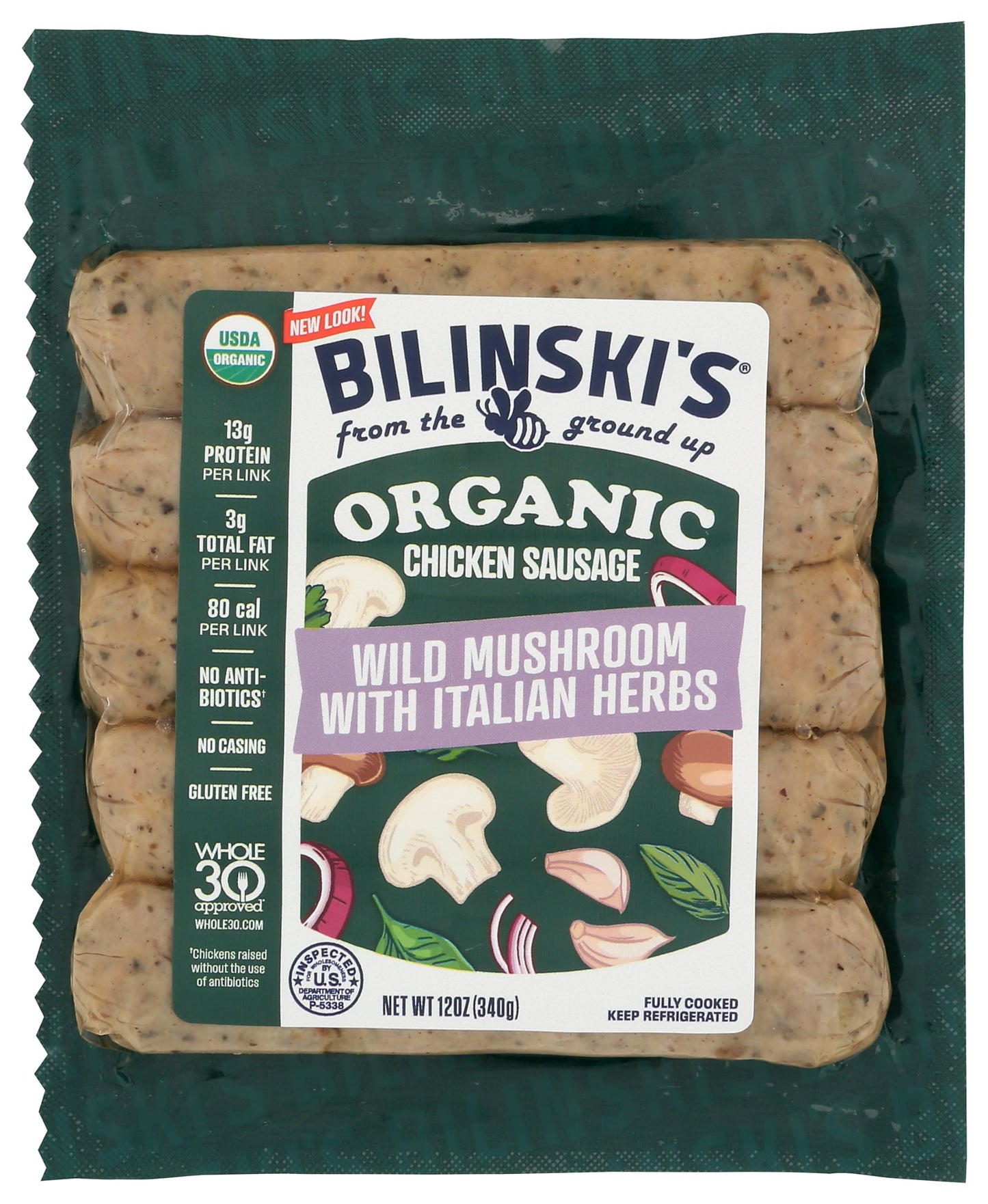 Bilinski, Organic Wild Mushroom Chicken Sausage, 12 Ounce