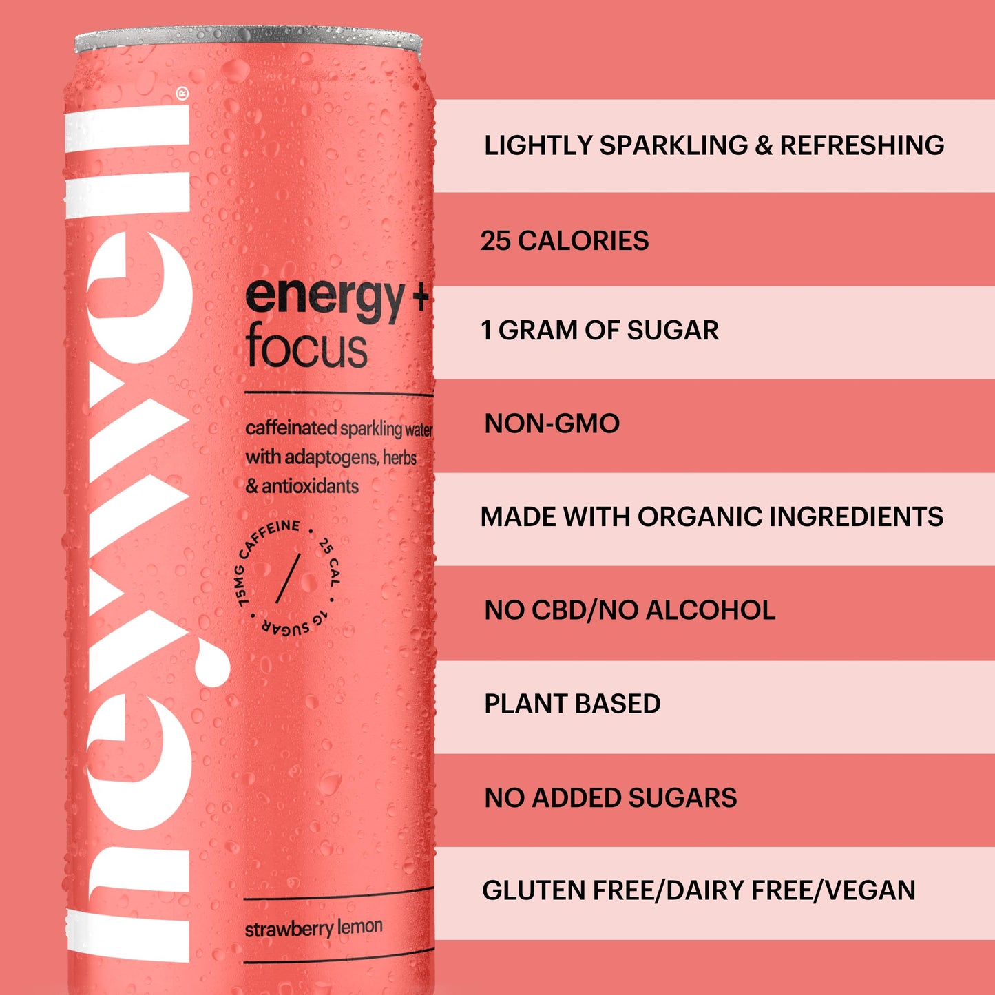 Heywell Sparkling Adaptogenic Water Energy And Focus, Strawberry Lemon Flavor 12 Fluid Ounce (Pack Of 12) - Caffeinated, Organic