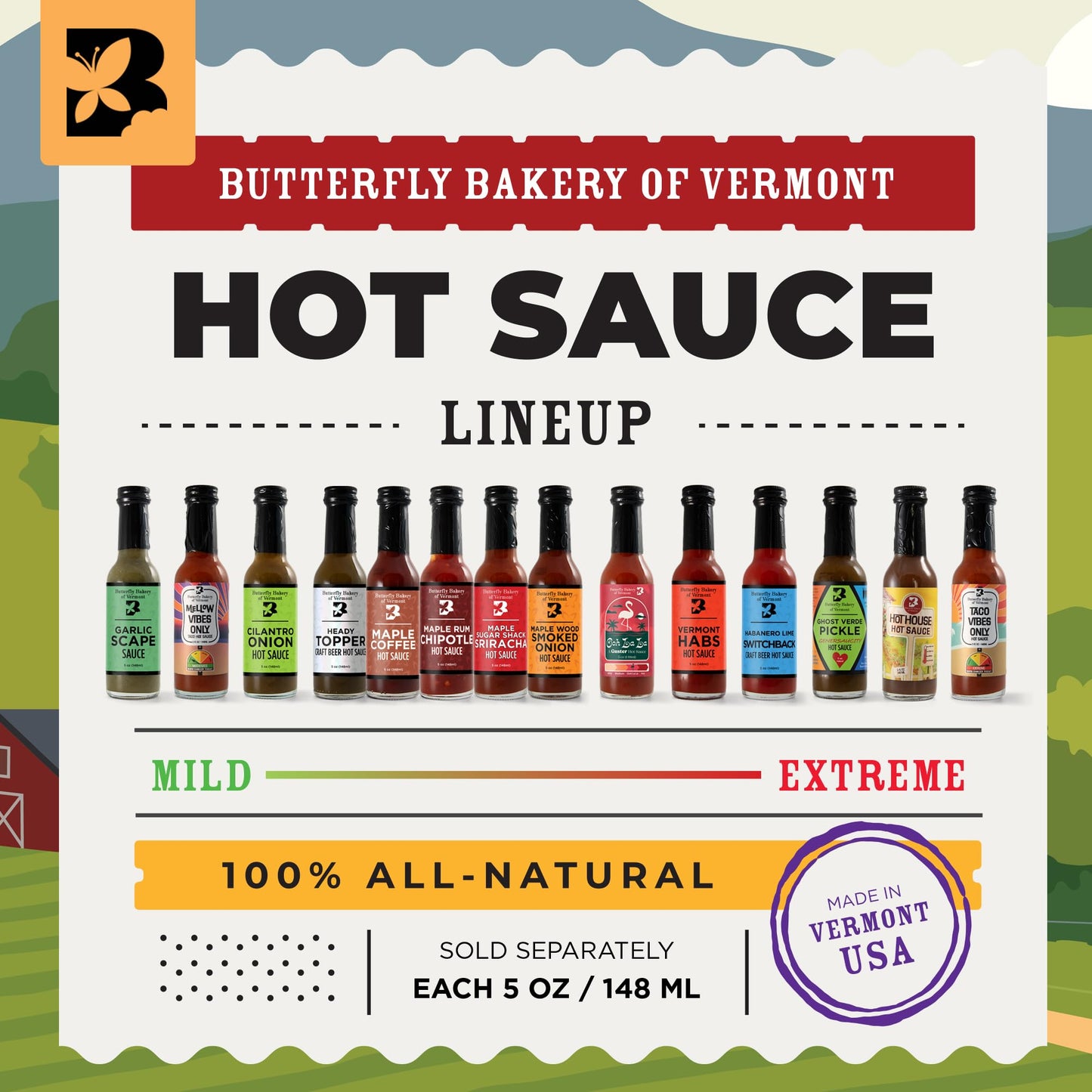 Butterfly Bakery of Vermont - Taco Vibes Only Hot Sauce, Extreme Heat, Bold & Zesty Flavor, Made with Vermont-Grown Red Serranos