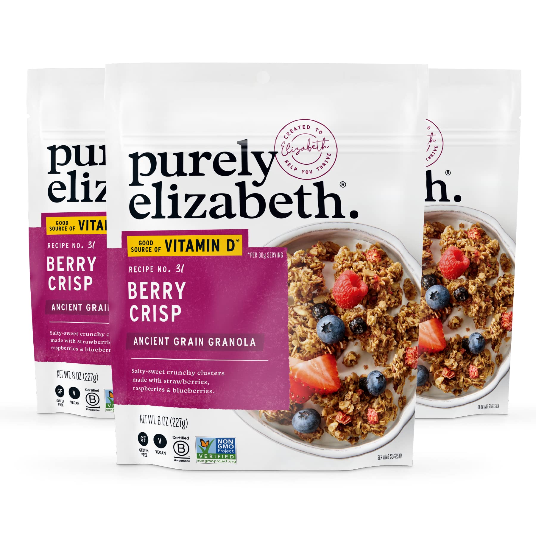 Purely Elizabeth Berry Crisp Granola, Gluten-Free, Non-GMO, 3 Pack, 8oz Bags