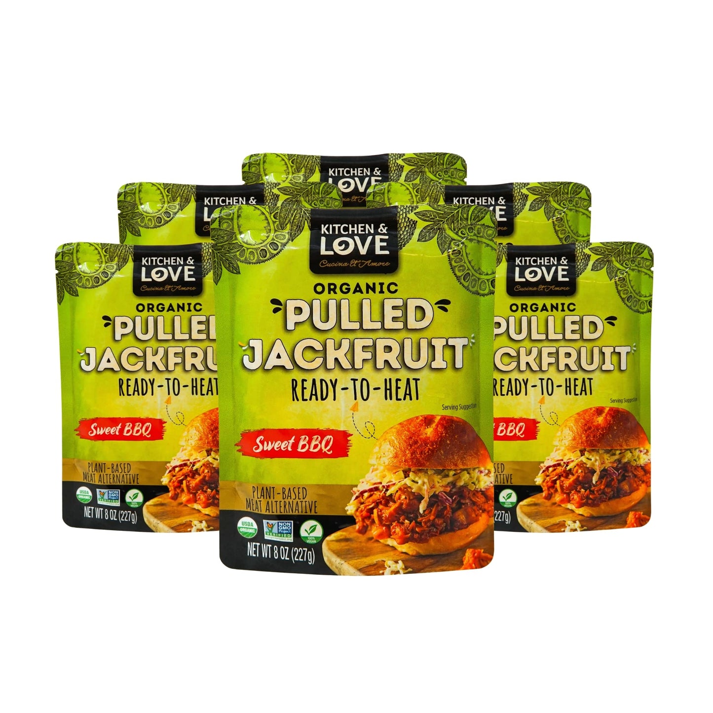 Kitchen & Love Jackfruit Sweet BBQ, Vegan, Gluten Free, High Fiber, 6 Pack, Ready in 90 Seconds