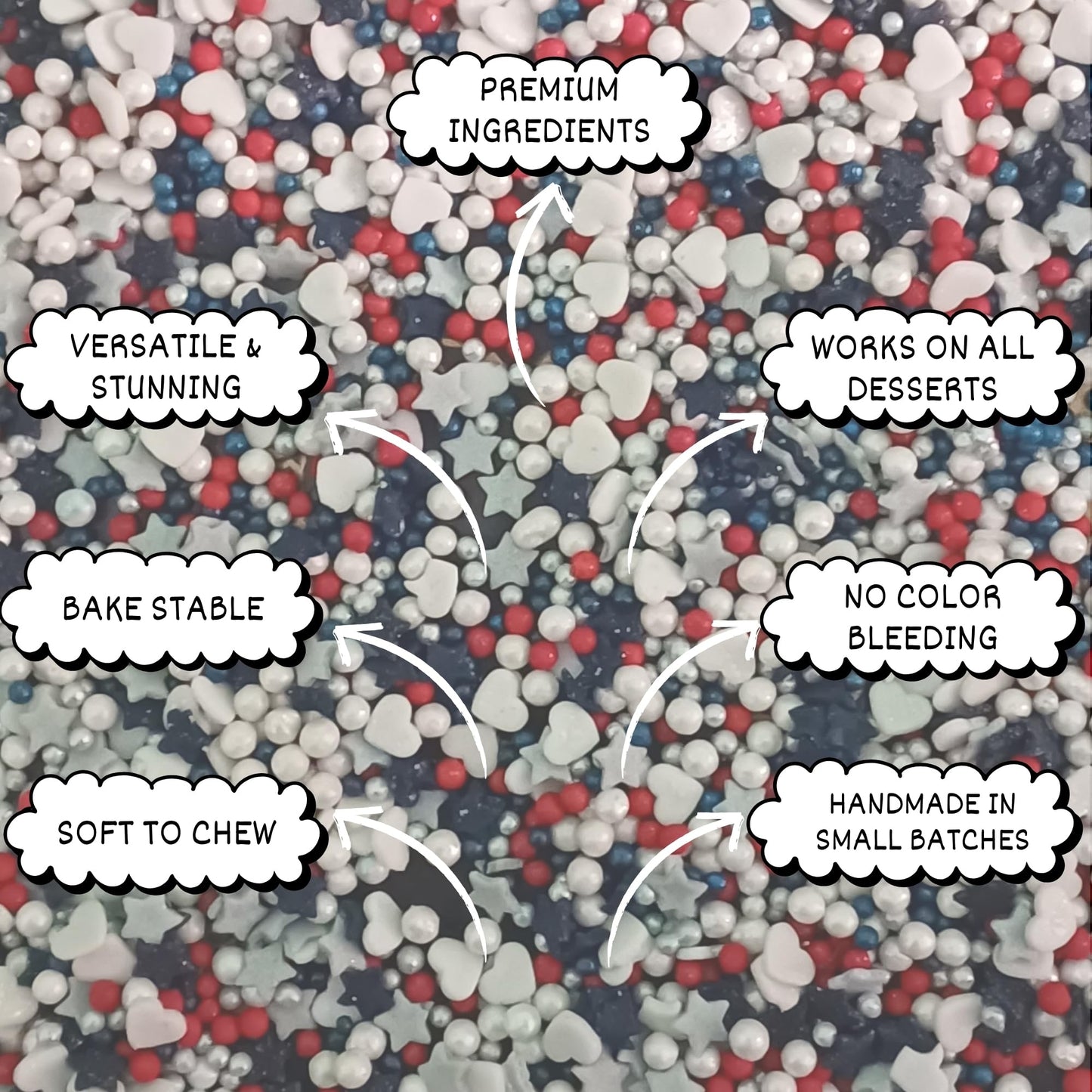 Confect Cake Mate Dessert Sprinkles – Red, White & Silver – Pearl, Star & Heart Shapes – 4.2 Oz – Vegan, Gluten-Free, Dairy-Free