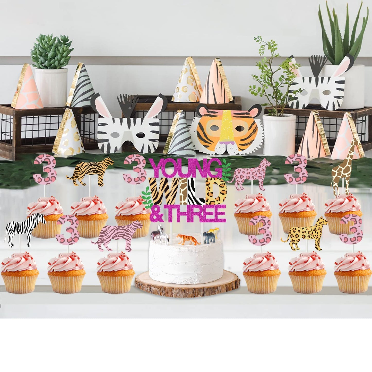 Young Wild And Three Birthday Decorations For Girl - 31Pcs Young Wild & Three Cake Topper, Animal Print Cupcake Toppers, Jungle