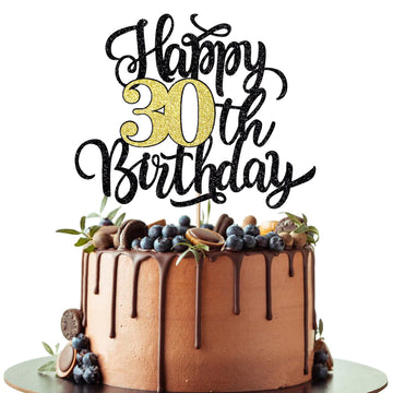 Leetaivie Happy 30Th Birthday Cake Topper, Black Gold Glitter Birthday Cake Topper, 30Th Anniversary/ 30Th Birthday Party Decora