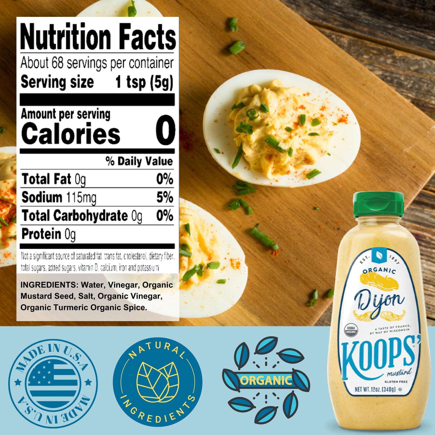 Koops' Organic Dijon Mustard – Dijon Seasoning, Gluten-Free, Kosher, Non-Gmo, Usda Certified Organic Mustard Sauce, Made In The Usa, From Quality Mustard Seeds – 12 Oz, Pack Of 1