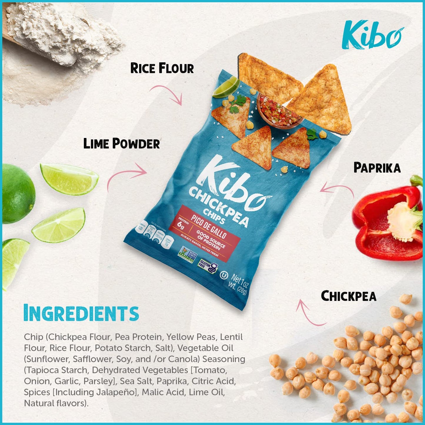 Kibo Chickpea Chips Pico de Gallo - Gluten-Free, Plant-Based, High Protein-Fiber Non-GMO, Vegan, Made with Real Veggies - 1 oz,