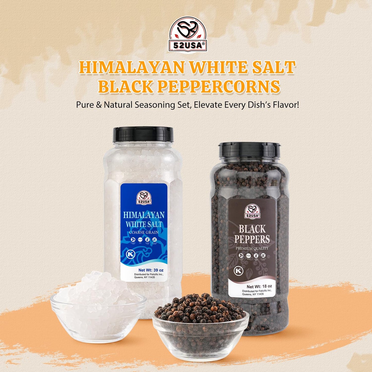 52Usa Himalayan White Salt (Coarse Grain) 39 Oz + Whole Black Peppercorns 18 Oz, Salt And Pepper Grinder, Black Peppercorn Refil