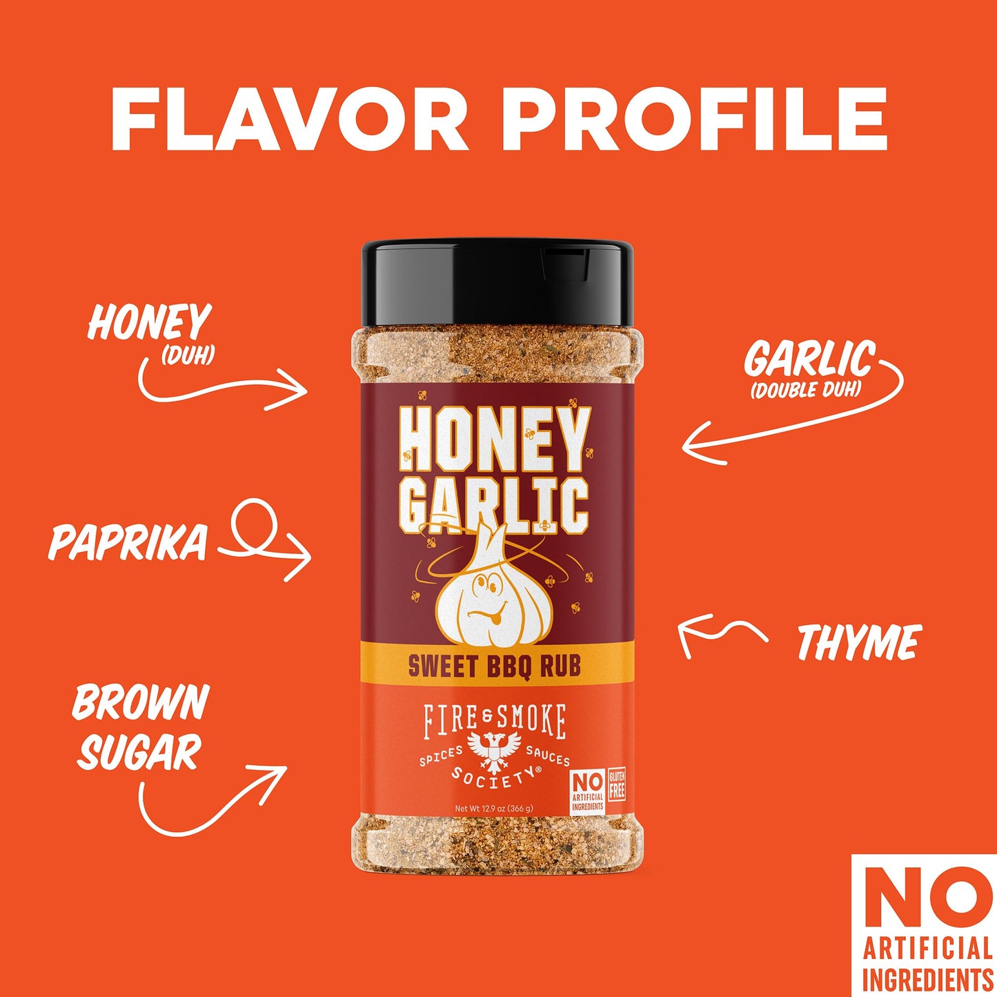 Fire & Smoke Society BBQ Rub, Honey Garlic, 12.9 oz, Seasoning for Ribs, Chicken, Burgers