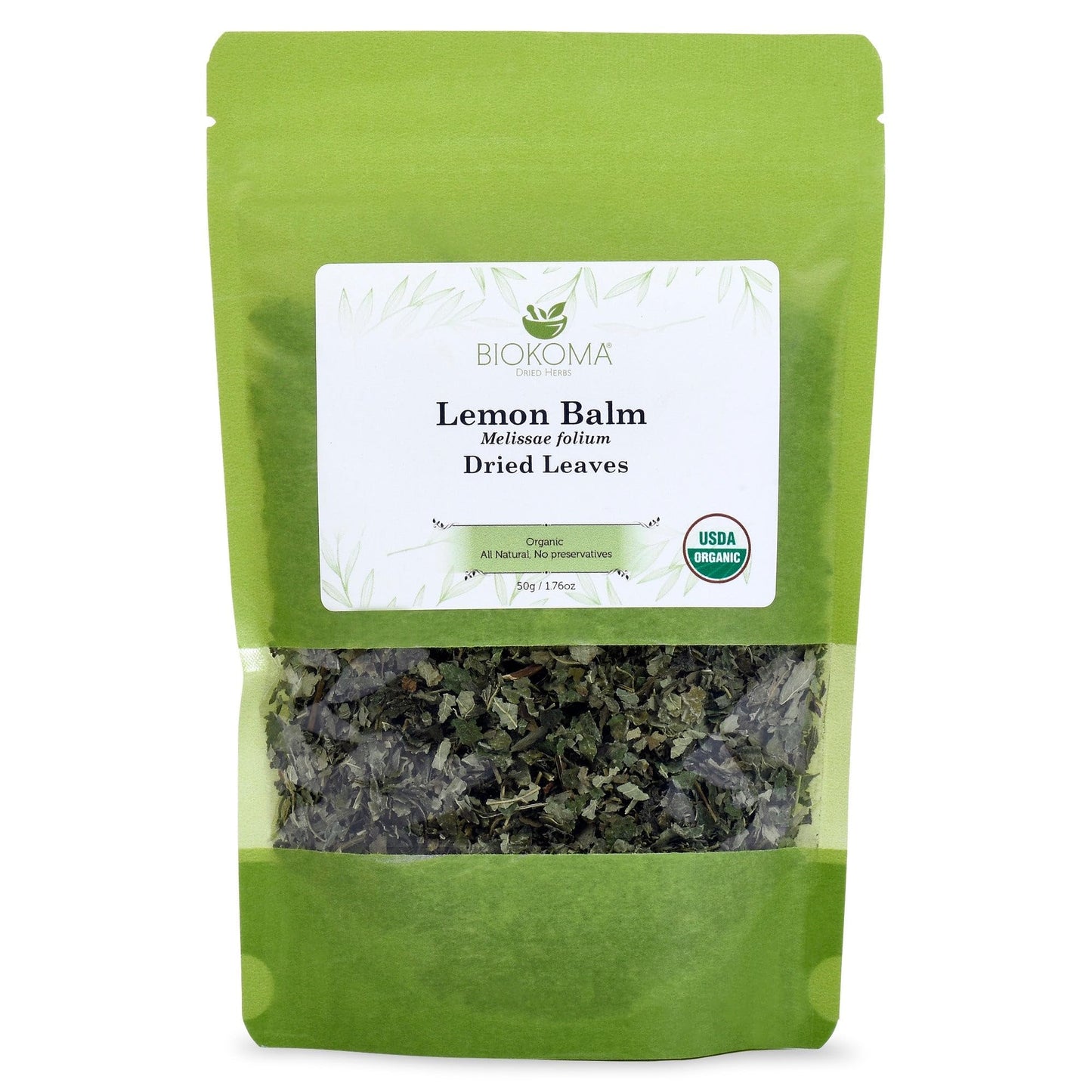 Biokoma Pure And Organic Lemon Balm (Melissae Folium) Dried Leaves 50G (1.76Oz) In Resealable Moisture Proof Pouch, Usda Certified Organic - Herbal Tea, No Additives, No Preservatives, No Gmo, Kosher