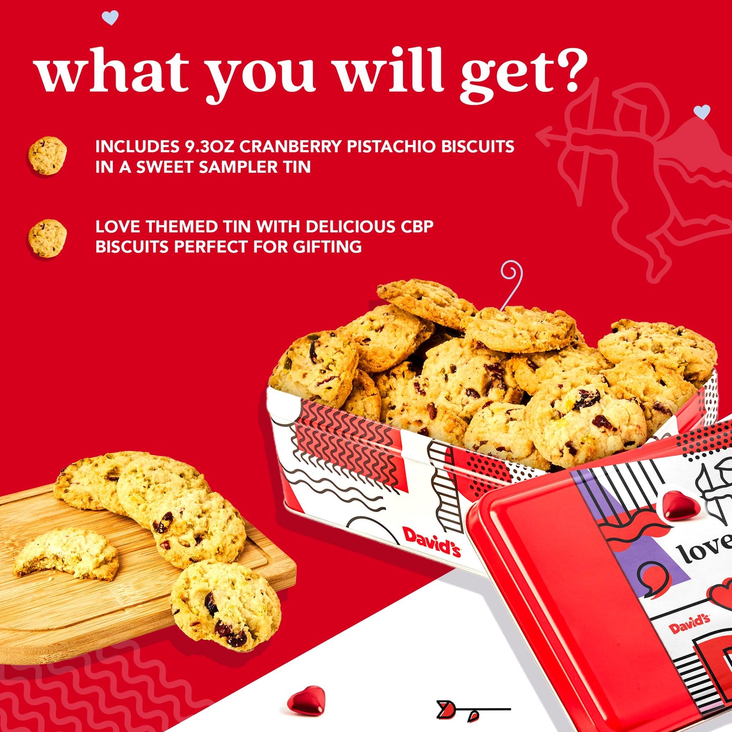 Davids Cookies Cranberry Pistachio Biscuits Sweet Sampler in Love Tin - 9.3oz Irresistible Crunch, Snacks & Bakery Treats - Ide