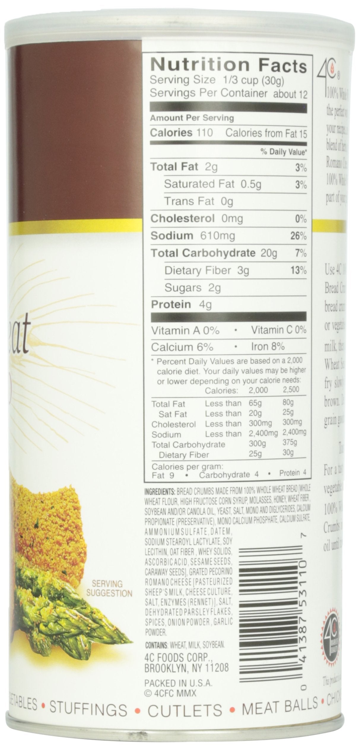 4C Premium Bread Crumbs, Whole Wheat Seasoned with Pecorino Romano Cheese 1 Pack, Flavorful Crispy Crunchy, Value Pack